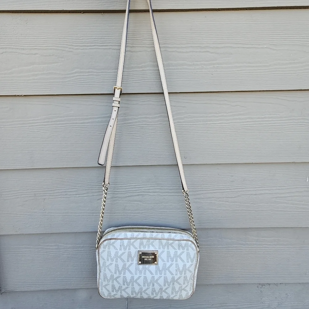 Michael Kors White Fulton Monogram Logo Crossbody Purse Gold Chain Small Bag